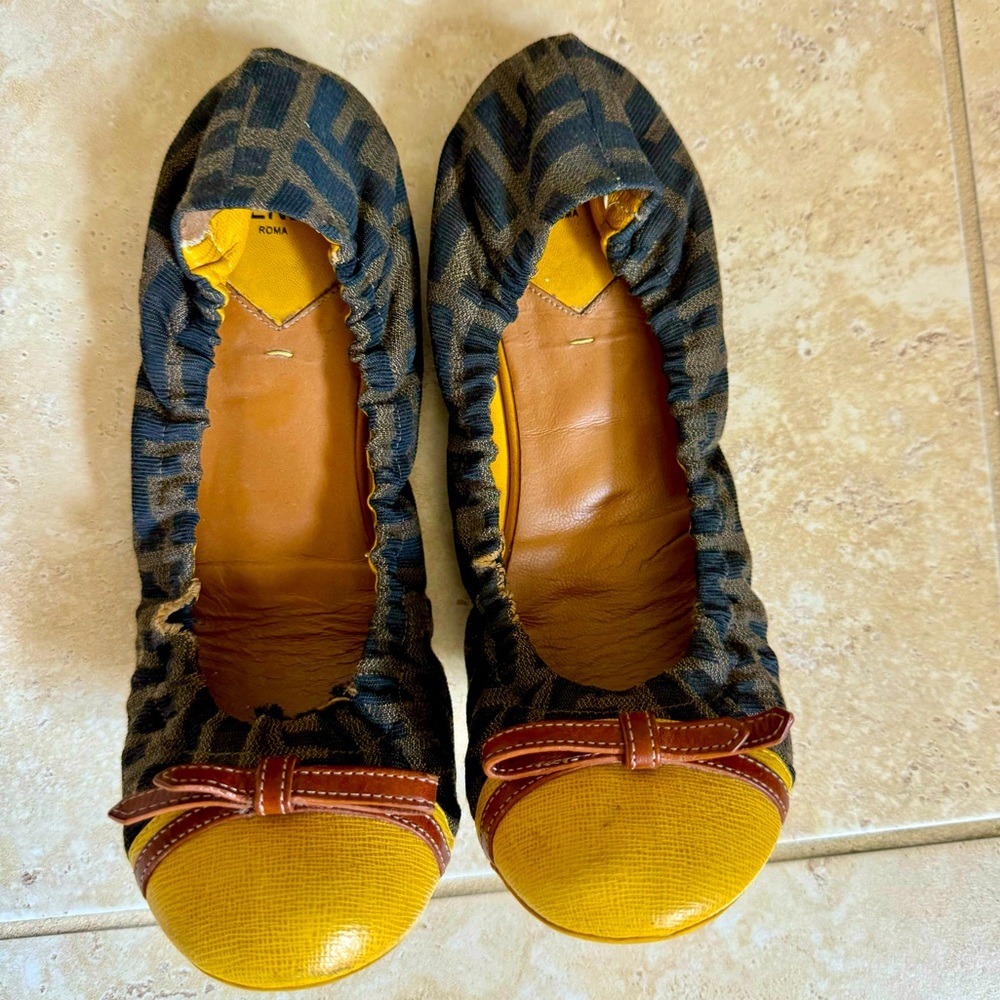 FENDI canvas yellow tip Ballerina Flats Size 38
